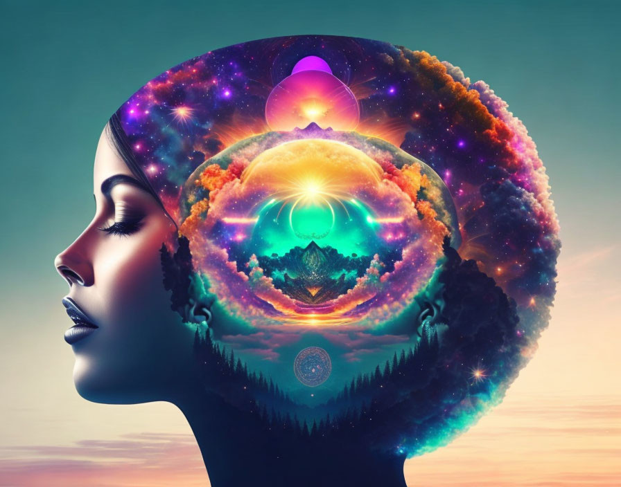 Woman's Profile with Cosmic Landscape: Mountains, Space, Stars, Glowing Orb