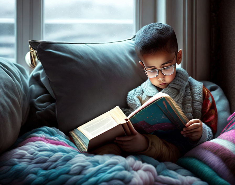 Young child in glasses reading book wrapped in blankets by window.