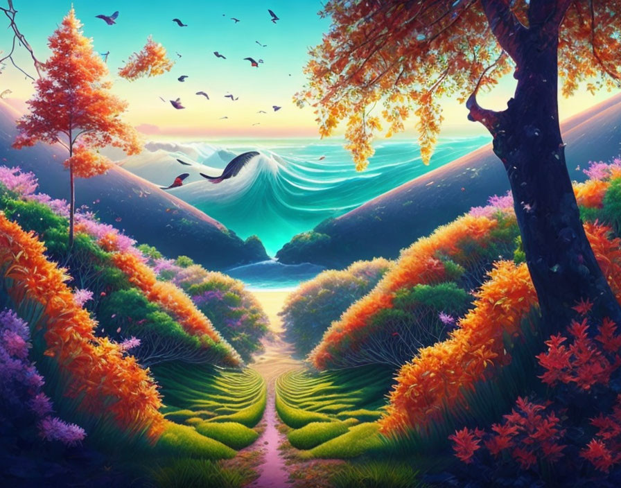 Vibrant surreal landscape with colorful trees, river, birds, and mountains.