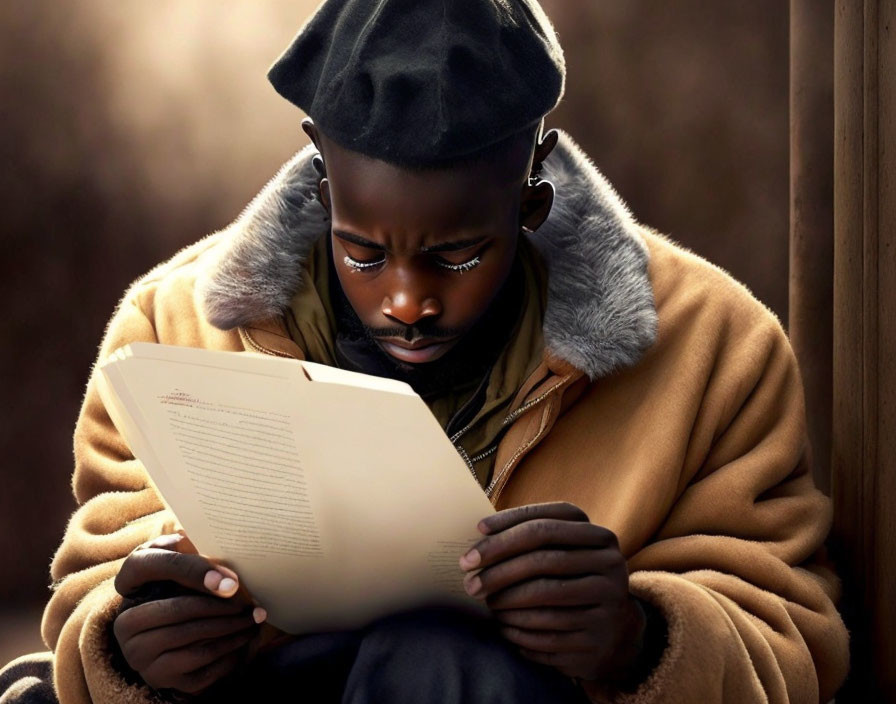 Focused individual in beret and warm jacket reading document under natural light