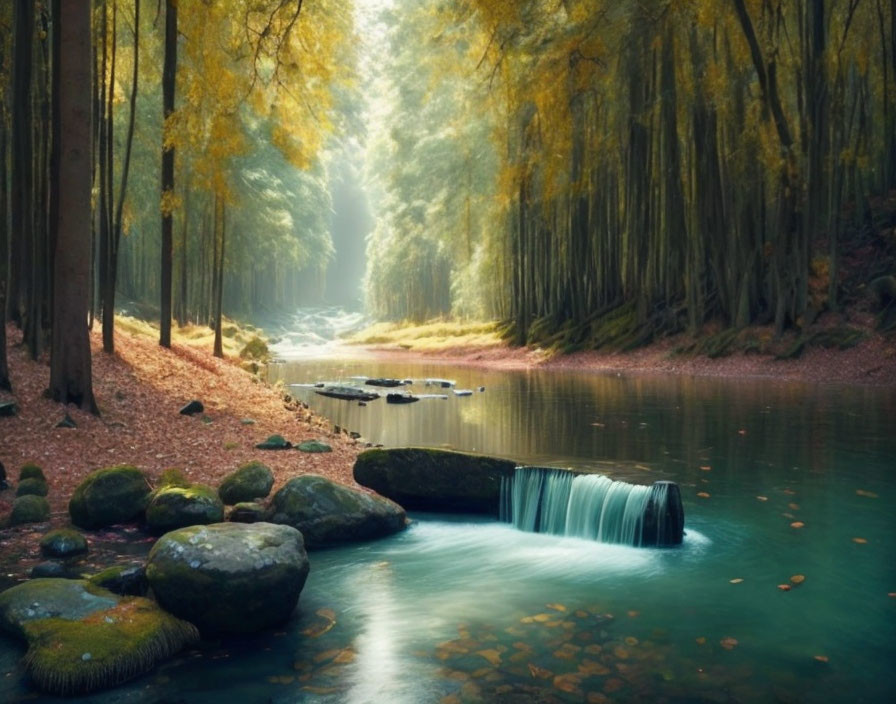 Tranquil forest landscape with waterfall, mossy rocks, and autumn trees