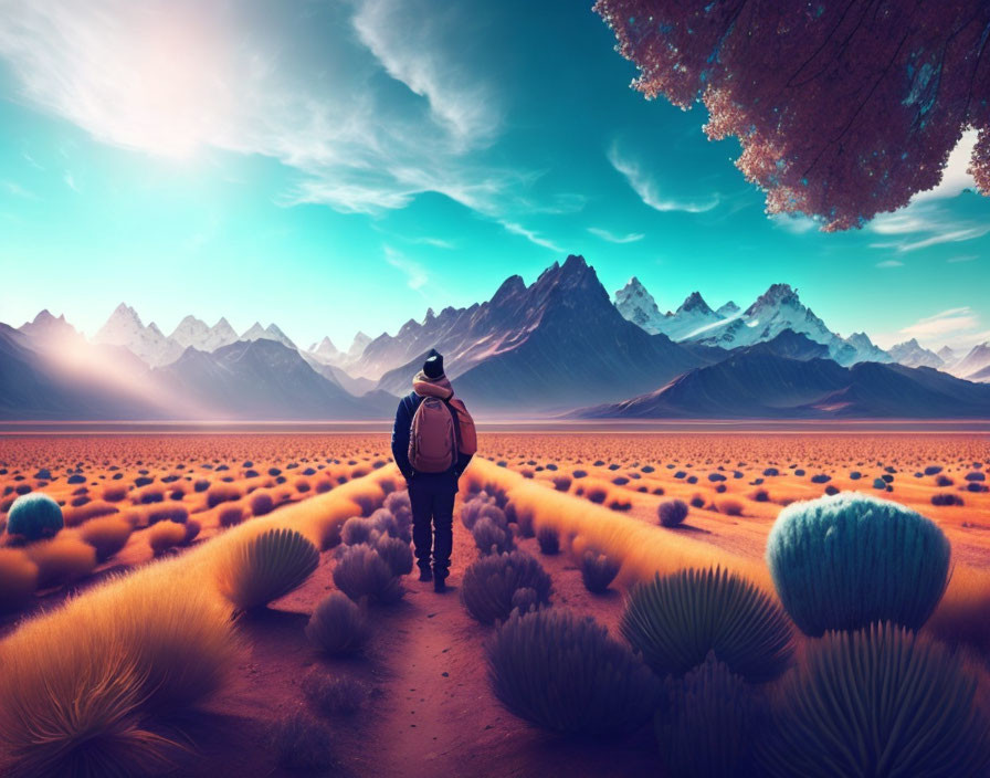 Person with hat and backpack in surreal landscape with orange plants and mountains.