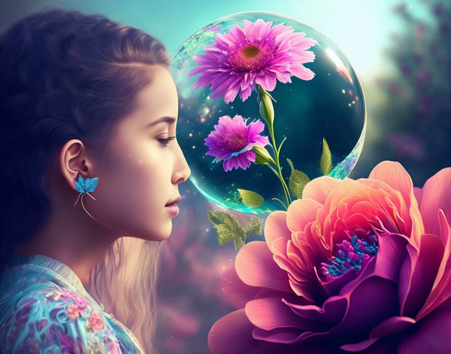 Profile of woman with butterfly earring and flower bubble against dreamy backdrop