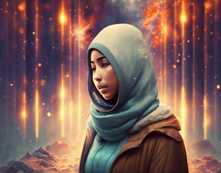 Contemplative woman in hijab with mystical starry backdrop