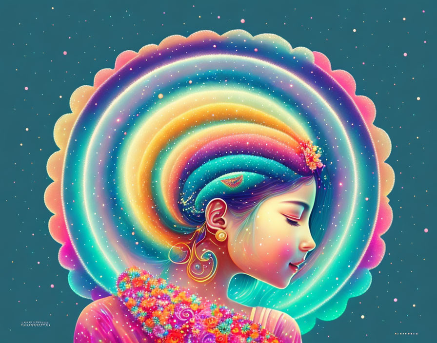 Colorful illustration: Girl with closed eyes surrounded by rainbow aurora and flowers