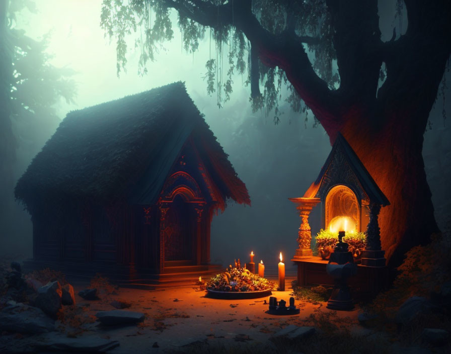 Enchanted forest shrine with candles in foggy setting