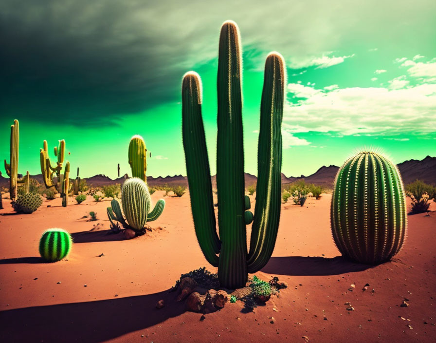 Dramatic desert landscape with various cacti under green-tinged sky