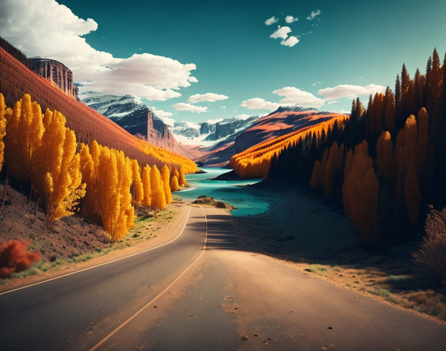 Scenic autumn forest road to mountain lake