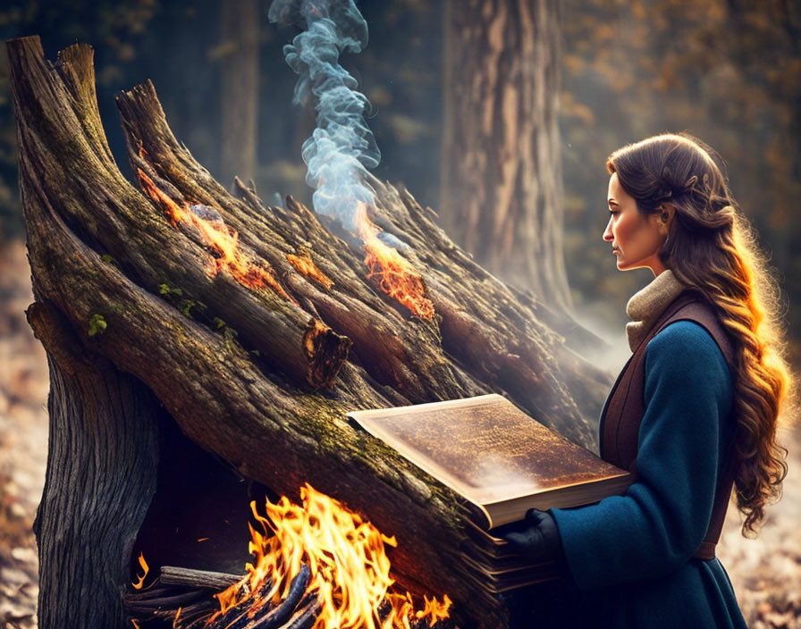 Woman reading book near fire in misty forest