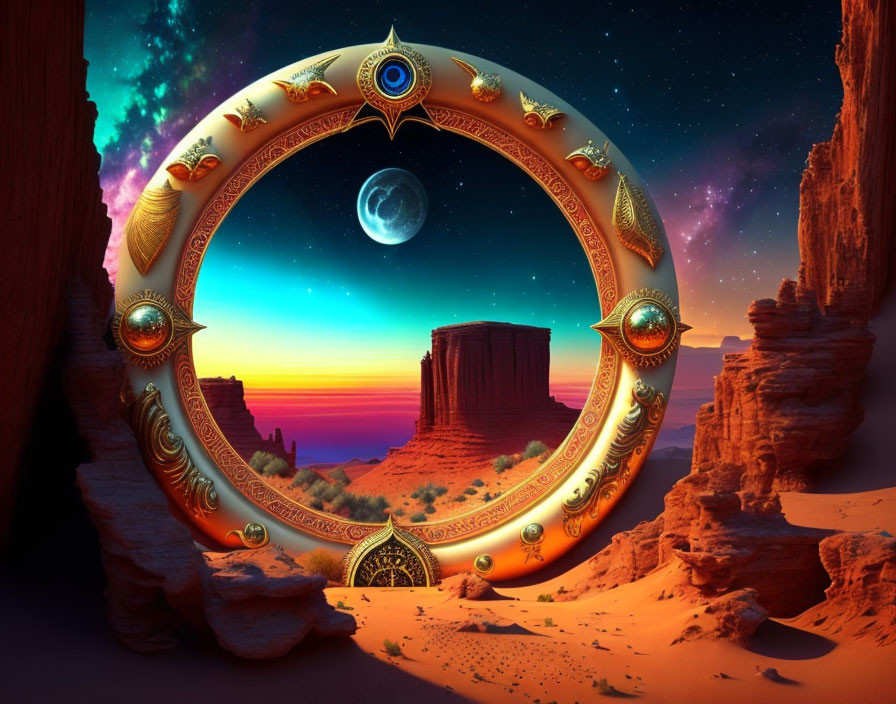 Circular Frame Reveals Desert Sunset Landscape