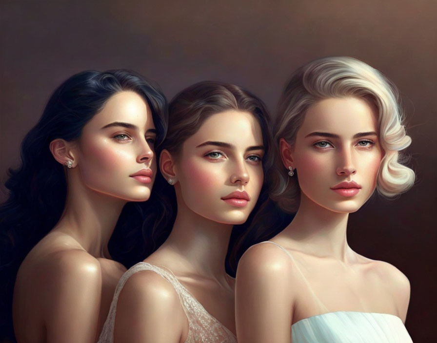 Three women with elegant features and hairstyles, showcasing diverse skin tones and hair colors.