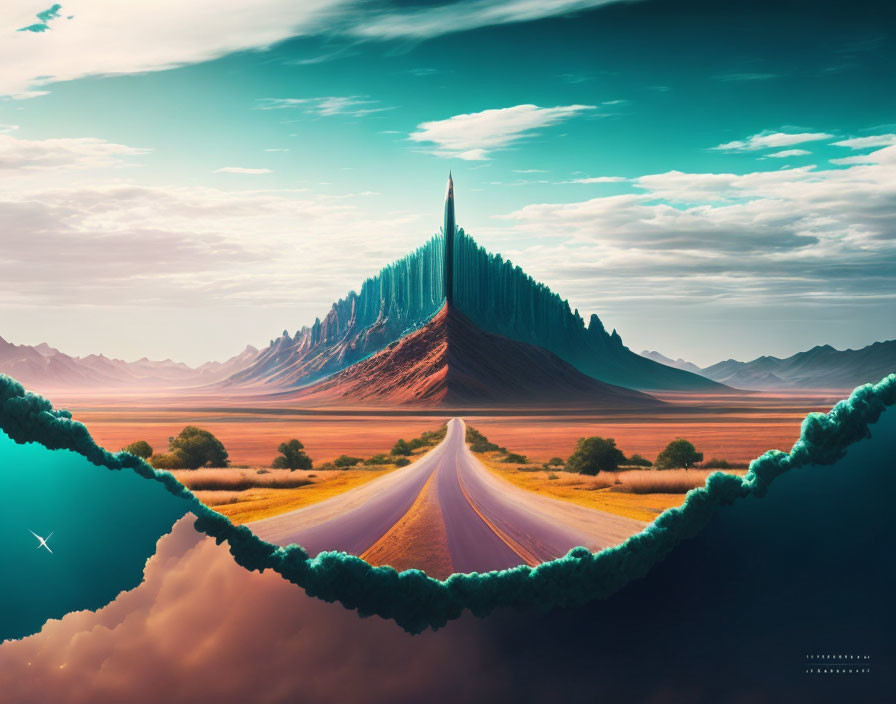 Surreal landscape with towering spire-like mountain and floating land masses