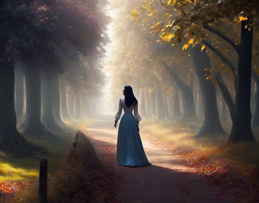 Woman in Blue Dress on Forest Path with Autumn Leaves and Tall Trees