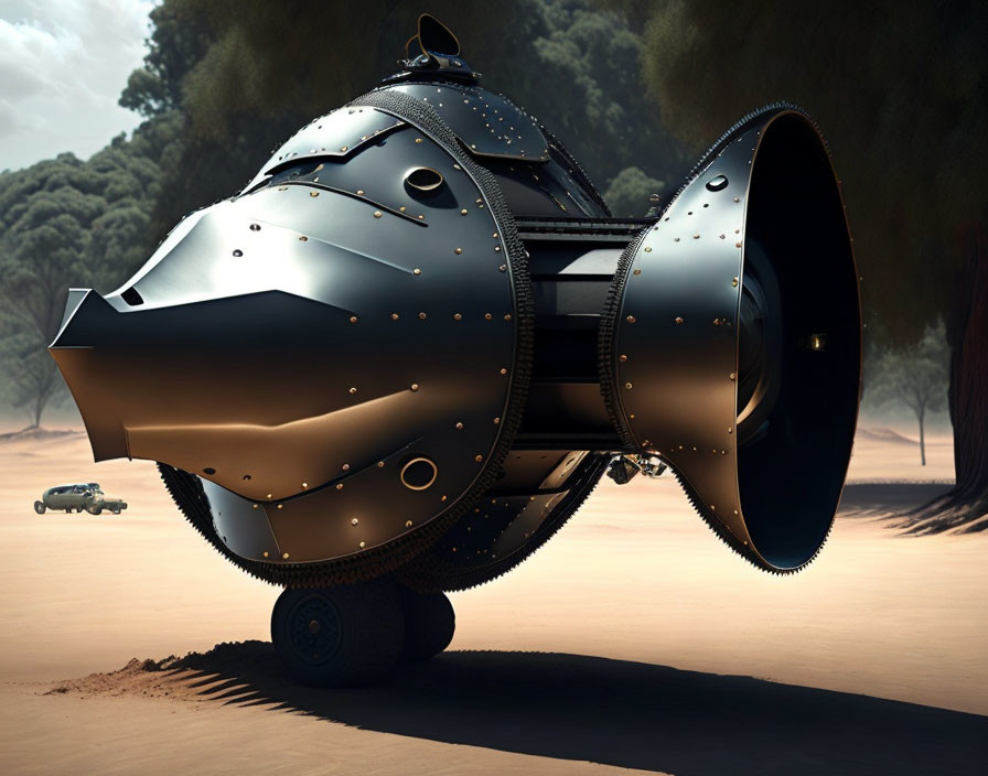 Fantastical steampunk-style submarine on wheeled landing gear in alternate reality