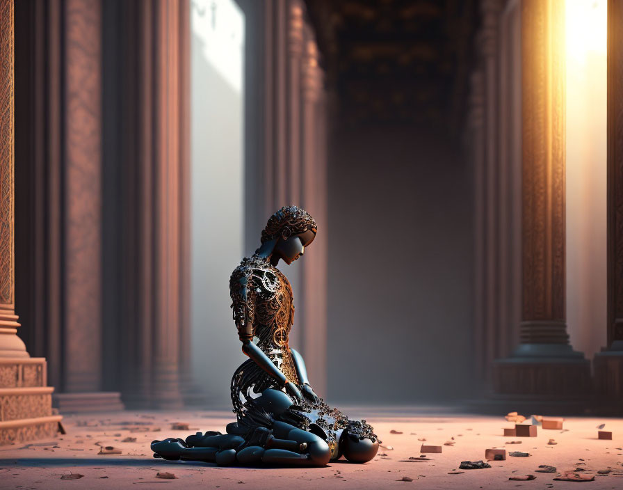 Intricate humanoid figure amidst classical columns in soft sunlight