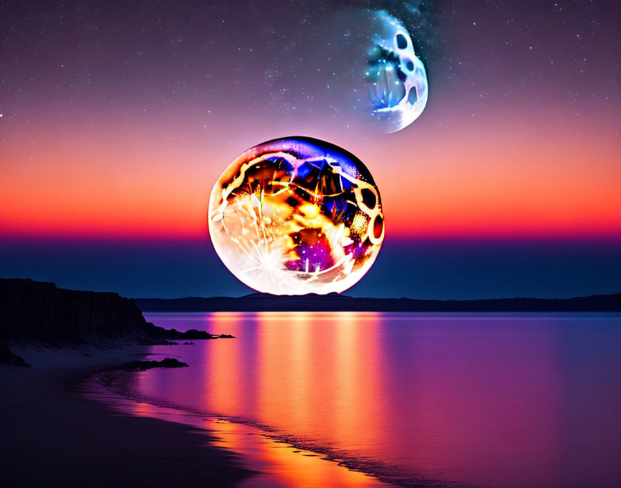 Vivid Sunset Over Calm Waters with Transparent Cosmic and Mechanical Spheres