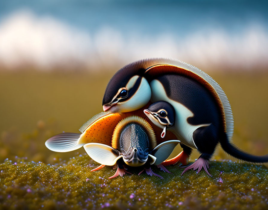 Stylized colorful penguins embracing on earth-toned ground