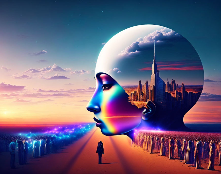 Surreal human head silhouette with cityscape and galaxy against sunset.