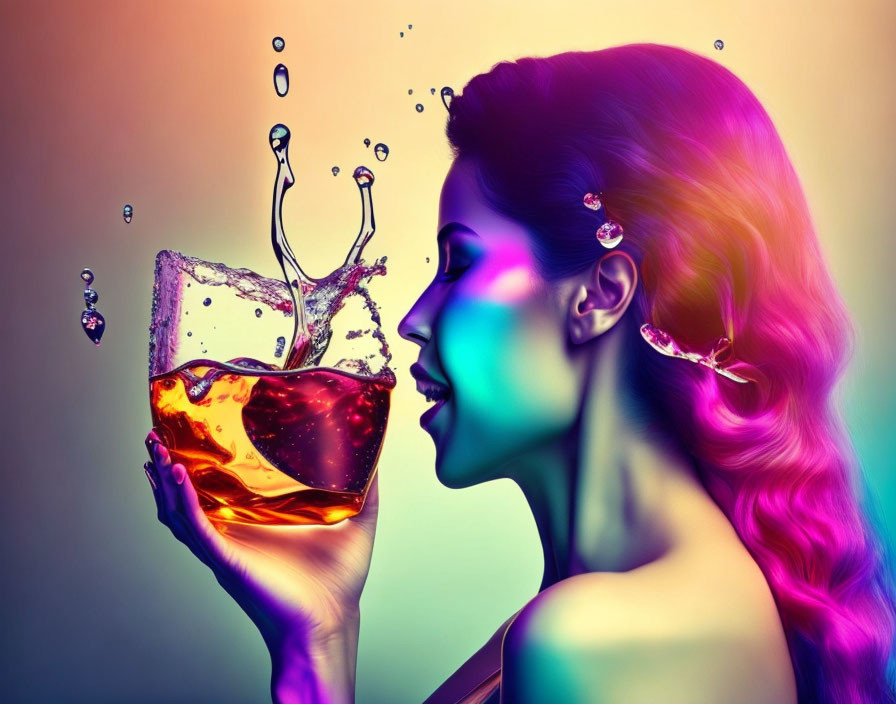 Colorful lighting illuminates woman with vibrant hair holding splashing glass.