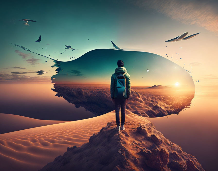 Person on sand dune gazes at surreal whale floating in sky above ocean and desert at sunset