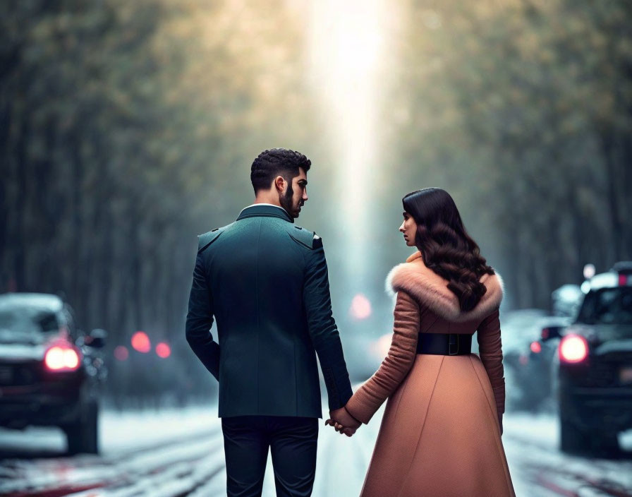 Couple Holding Hands on Snowy Tree-Lined Road