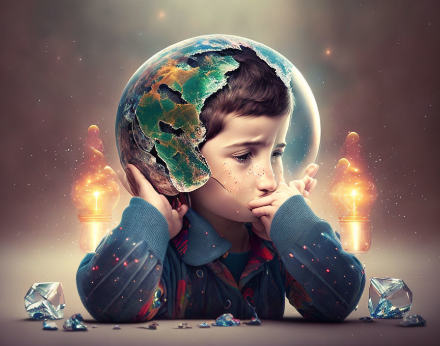 Child with World Map Headpiece Surrounded by Glowing Bulbs, Crystals, and Celestial