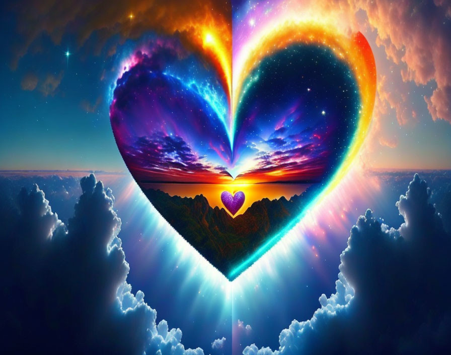 Heart-shaped frame digital artwork with vibrant sunset and cosmic starry background