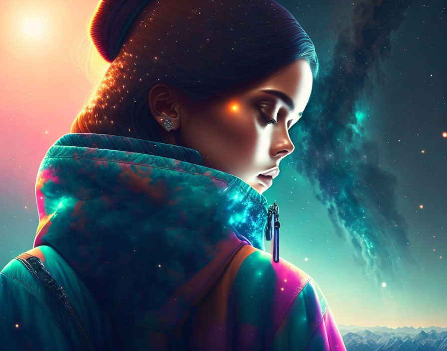 Colorful Jacket Woman in Cosmic Background with Warm Glow