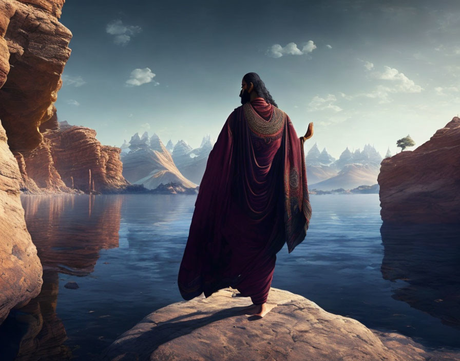 Robed Figure on Rocky Outcrop Overlooking Serene Water and Snow-Capped Mountains