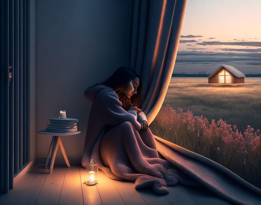 Person wrapped in blanket gazes at serene field from window at dusk.