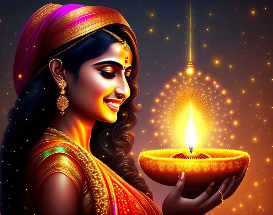 Colorful Indian woman holding diya in traditional attire.