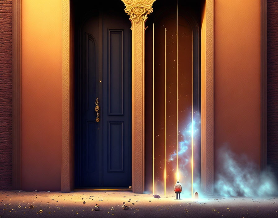 Person stands before glowing, star-filled space behind ornate door.