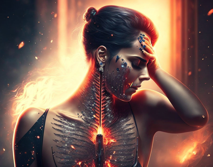 Digital artwork: Woman with metallic feathers, fiery embers, warm light