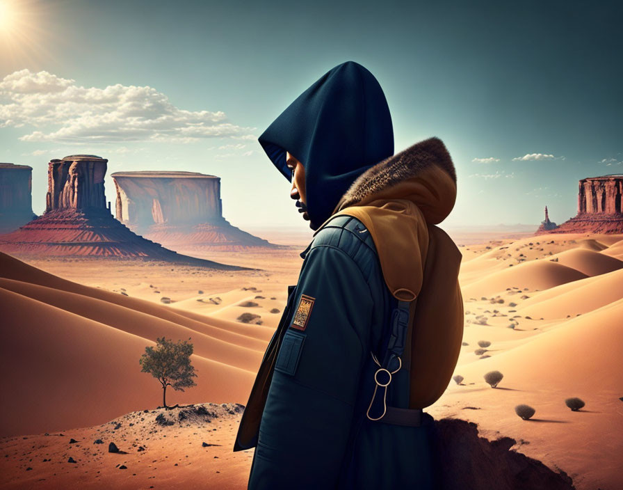 Hooded person with backpack in desert landscape