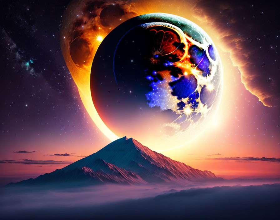 Colorful digital art: surreal scene with massive planet over snow-capped peak