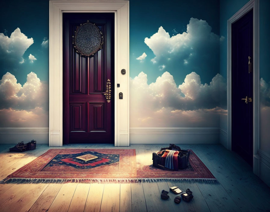 Surreal room with open doors, sky view, rug, shoes, and suitcase.