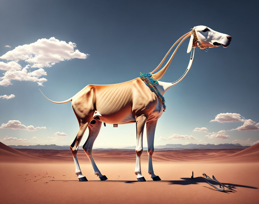 Elegant greyhound with jewelry in desert landscape