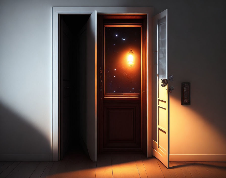 Night Sky and Glowing Lantern Through Open Door