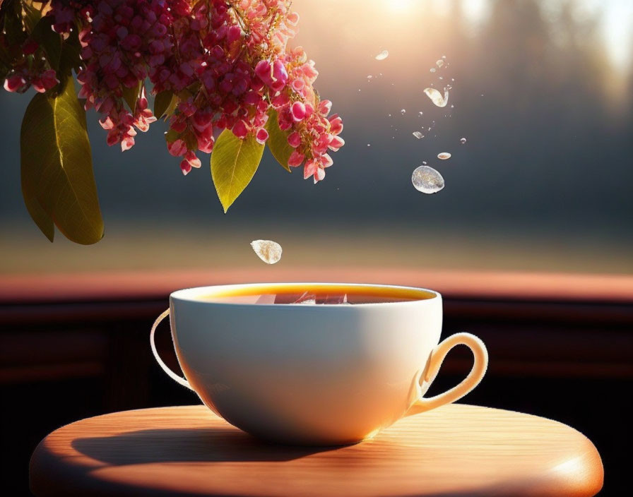 White Tea Cup on Wooden Surface with Sunlight and Falling Petals