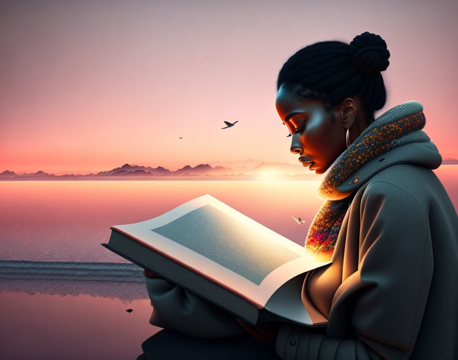 Woman reading book by tranquil lakeside at sunset with mountains and birds.