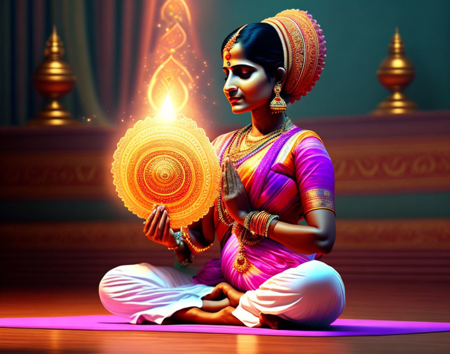 Vibrant Indian woman in traditional attire with glowing object in serene temple setting