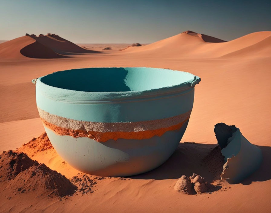 Large Broken Bowl in Desert with Sand Dunes and Clear Sky