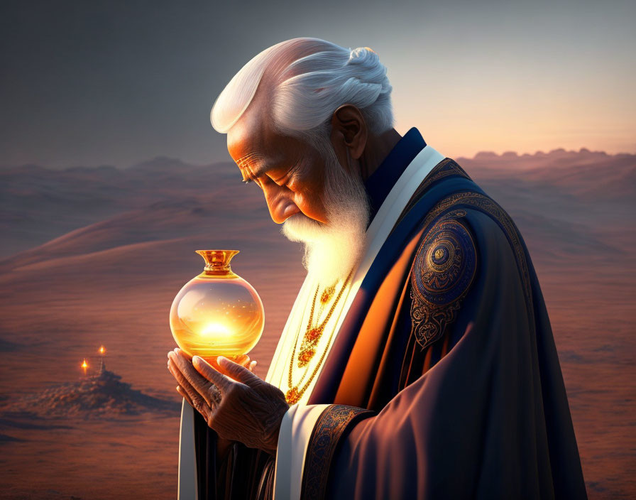 Bearded elderly man in robes with glowing vial in desert dusk