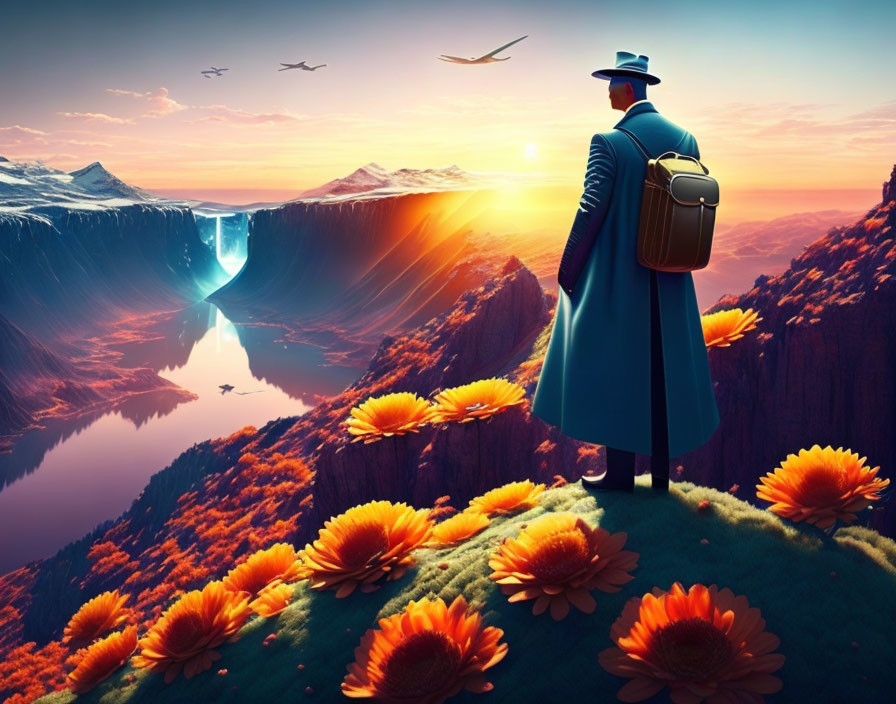 Man in trench coat and hat on cliff by scenic waterfall at sunset