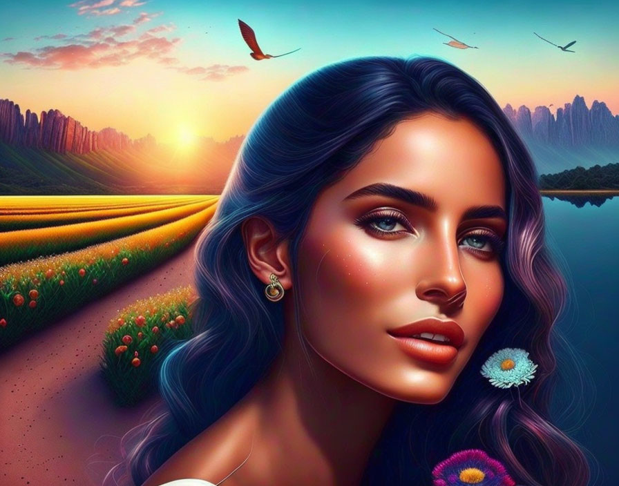 Woman with Blue Hair and Golden Earrings in Sunset Landscape