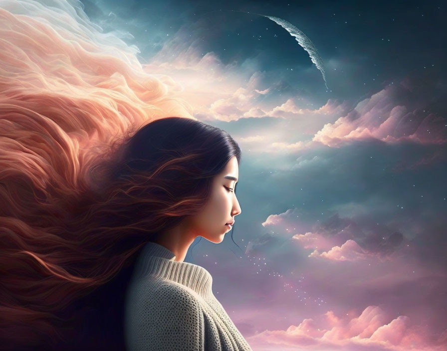 Woman's Profile with Flowing Hair in Surreal Sky & Comet