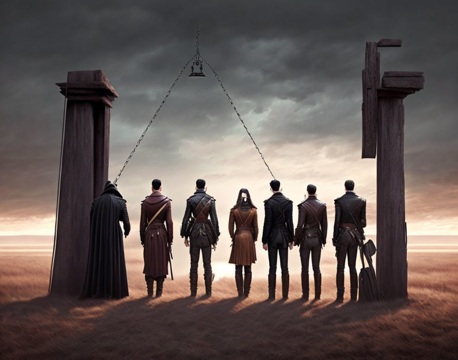 Seven people in period outfits near wooden gallows under stormy sky