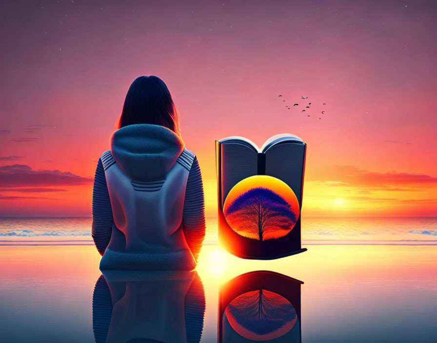 Woman sitting at sunset with glowing book reflecting in water under starry sky.