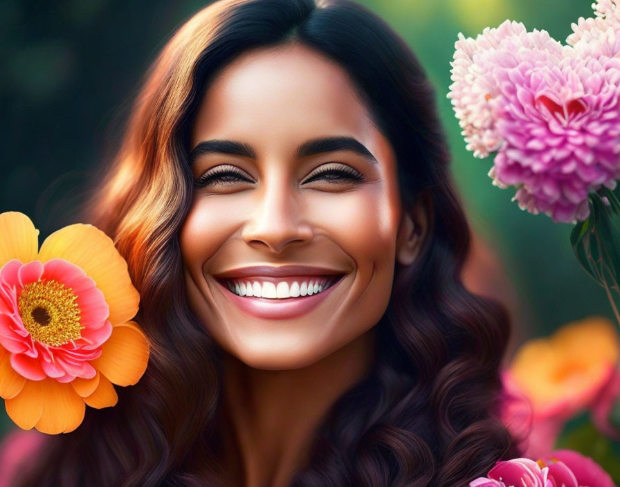 Smiling woman in colorful flower setting radiates joy