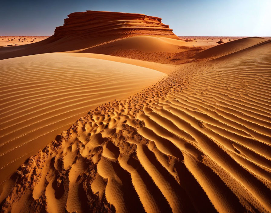 Orange sand dunes in vast desert under clear blue sky